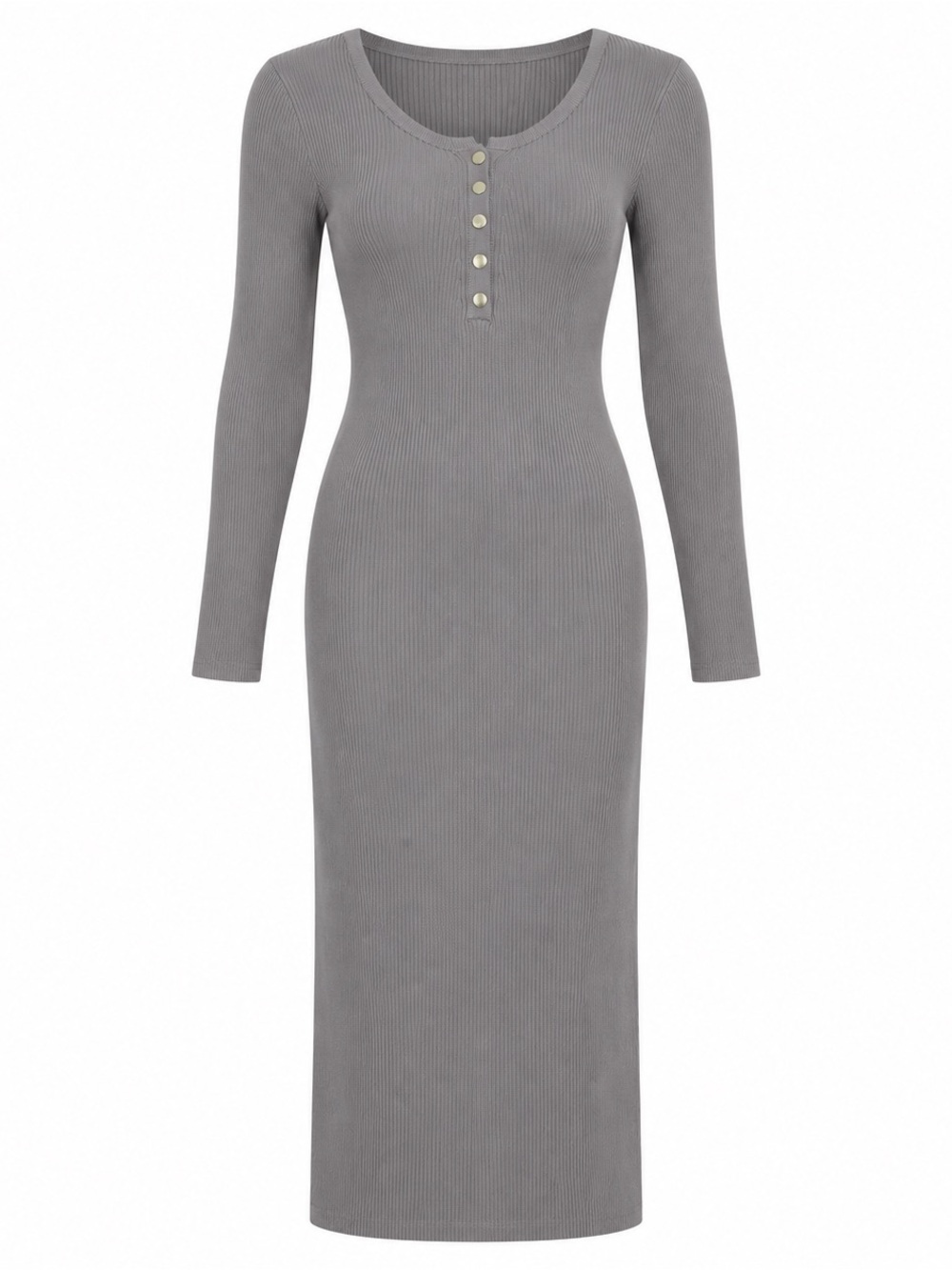 🖤 Workshop Republic Clothing Gray Ribbed Long-Sleeve Button Midi Dress